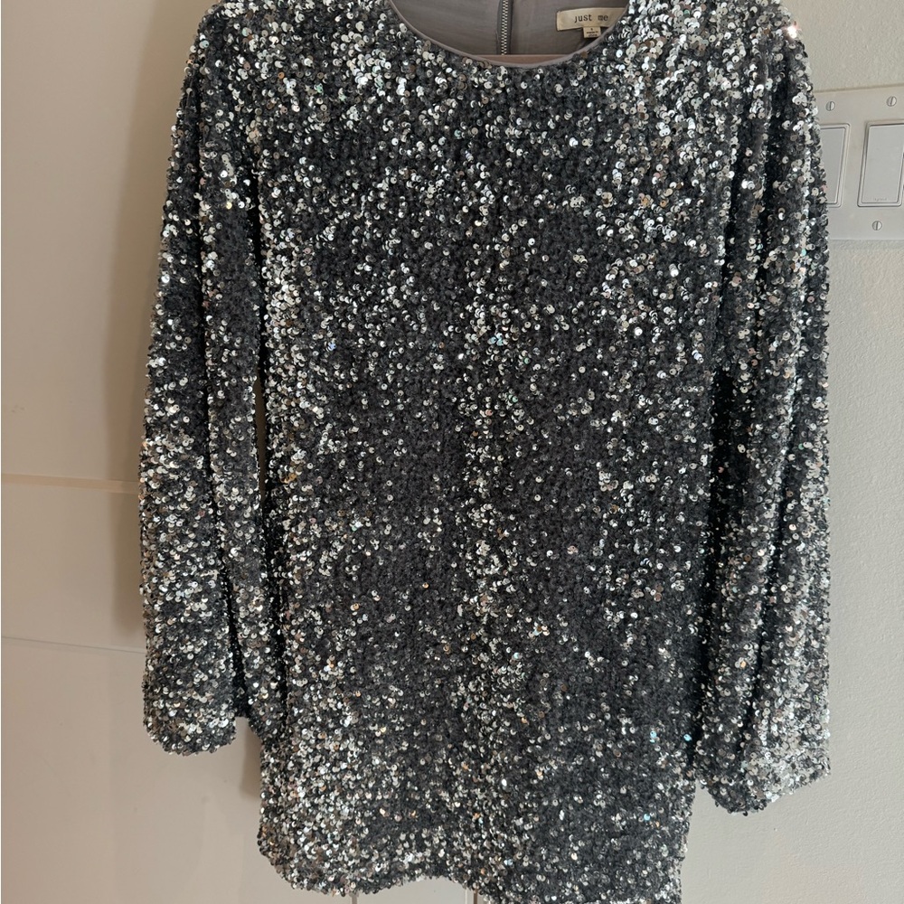 Silver Sequin Long Sleeve Dress